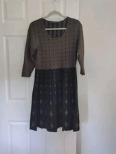 Nina Leonard Long Sleeve Olive Green & Black Geo Print Sweater Dress Women's L