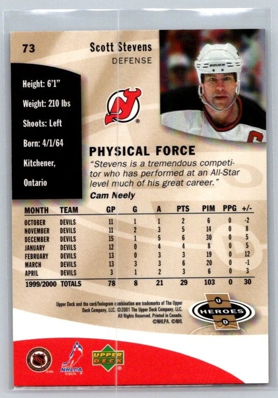 2000-01 Upper Deck Heroes #73 Scott Stevens New Jersey Devils - Image 2 of 2