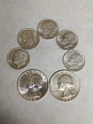 Washington Quarter & Roosevelt Dime Lot Of 7 Coins XF+🔥$1 Face 90% Silver🔥 #60
