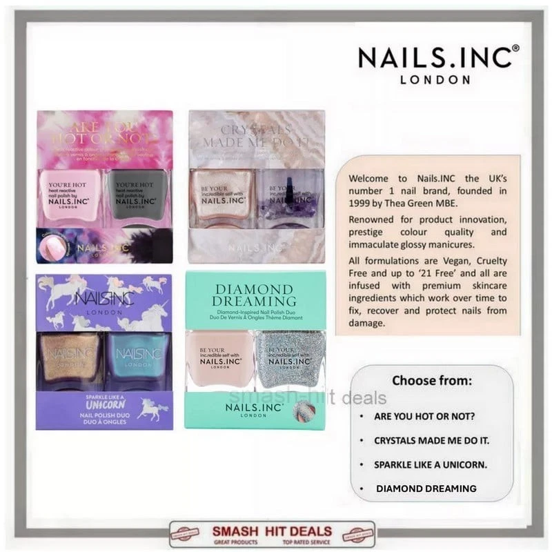 Nails Inc Nail Polish Duo -CHOOSE FROM Unicorn Crystals Hot Not Diamond Dreaming