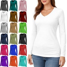 Womens V Neck Long Sleeve Plain T-Shirt Ladies Casual Basic Tee Top Slim Fit Top