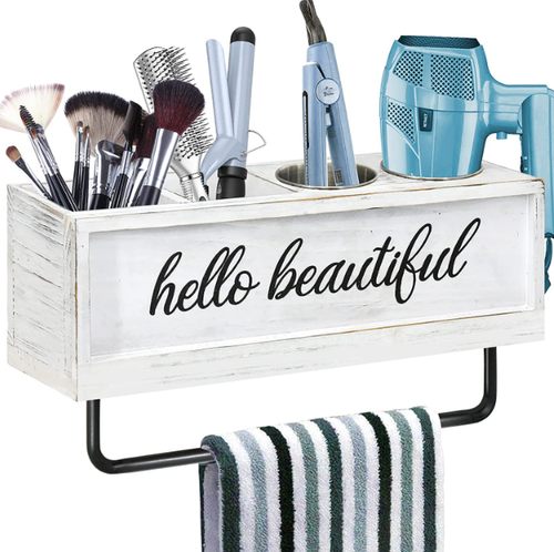 Rustic Hair Dryer Holder Wall Mounted, Hair Tools and Styling Organizer with Tow - 第 1/24 張圖片