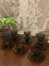 Vintage Duralex Bormioli Rocco Rivage Amber Smoke Cups & Saucers Sets