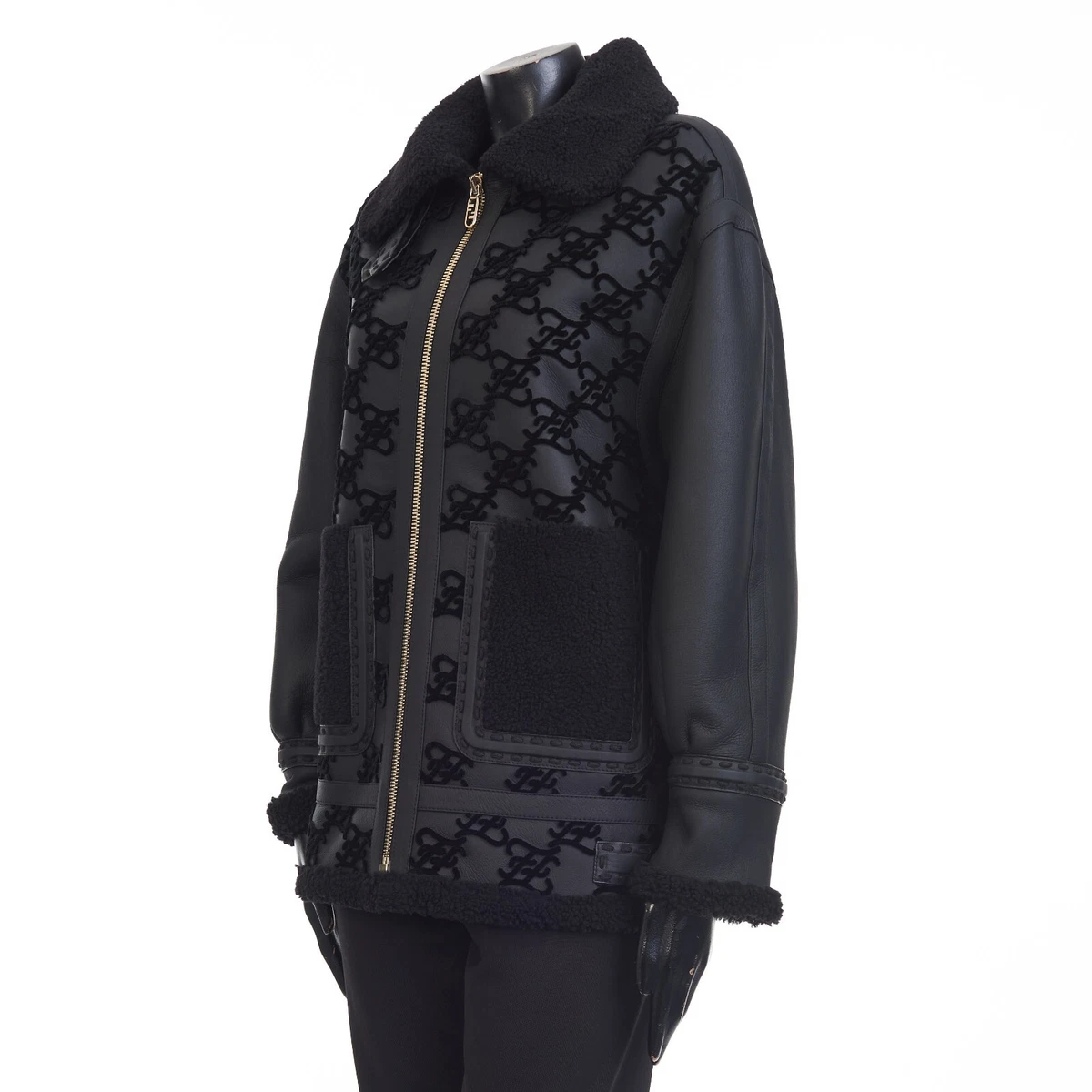 FENDI 8500 Black Shearling Leather Jacket Aviator Style FF