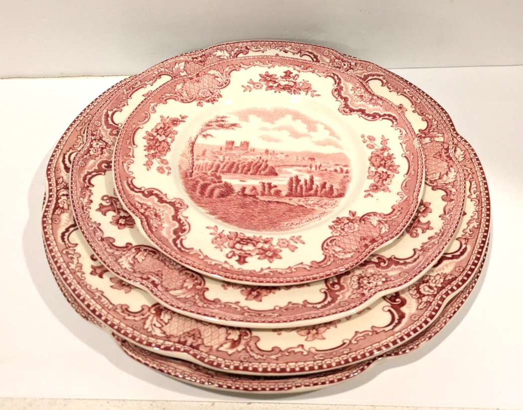 Johnson Bros Old British Castles Pink Red and White Scalloped Cake Plates