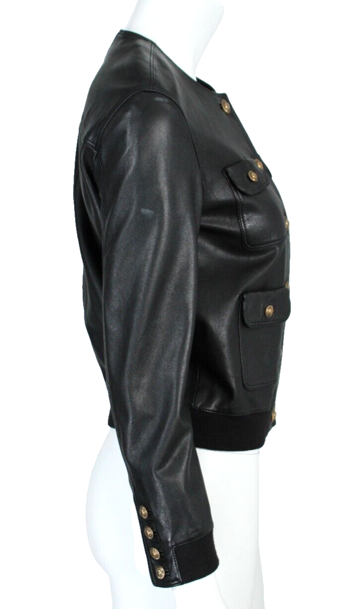 Giacca corta SAINT LAURENT $5.060 2021 in pelle nera con tasche sul davanti e bottoni 38