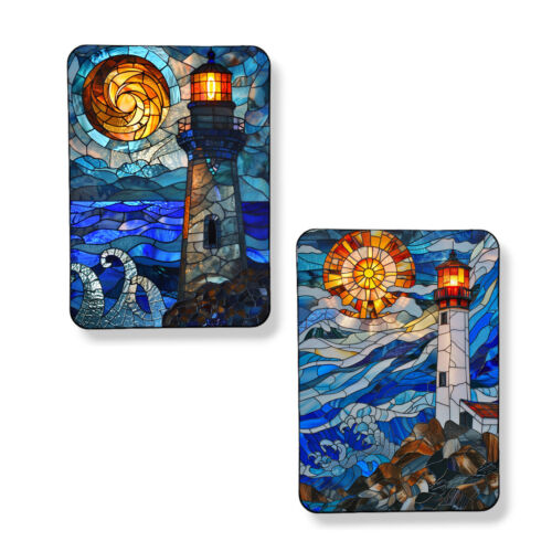 Set of 2 Faux Stained Glass Lighthouse Coastal Art Print Magnets Sublimated 3x4" - Picture 1 of 3
