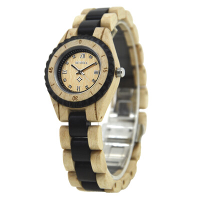 Bewell Holzuhr Damenuhr 31mm Ahorn-Ebenholz Strassteine Top-A-Ware Geschenkox