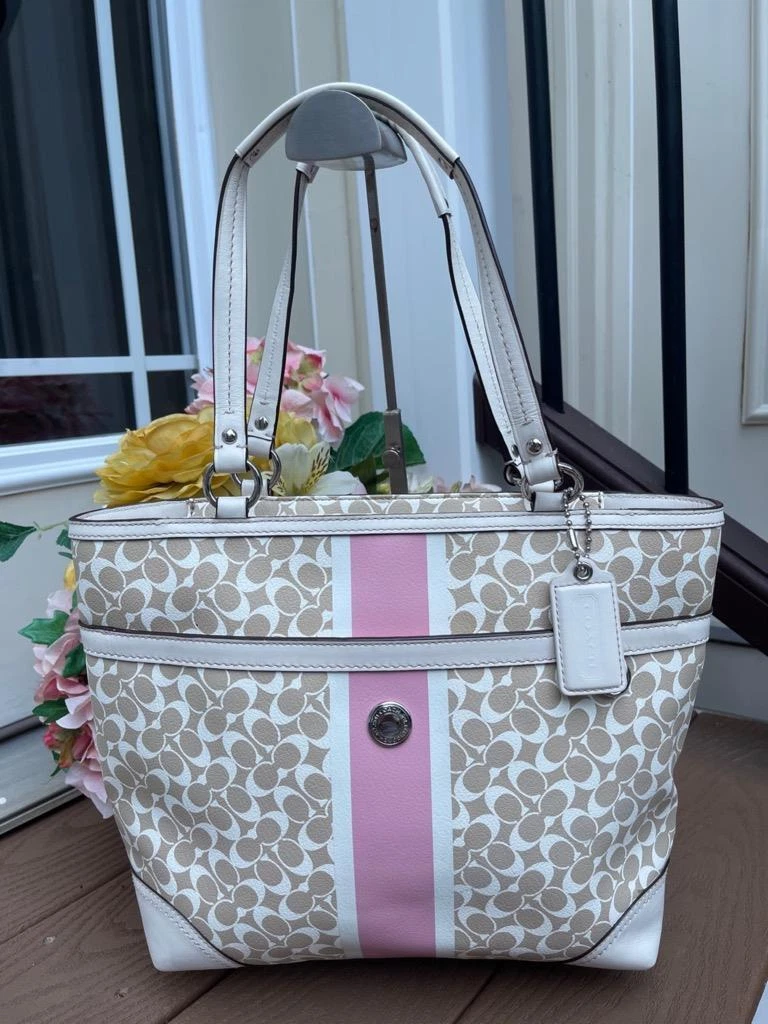 Coach F15137 BEIGE WHITE Heritage Signature Stripe Tote Bag u120