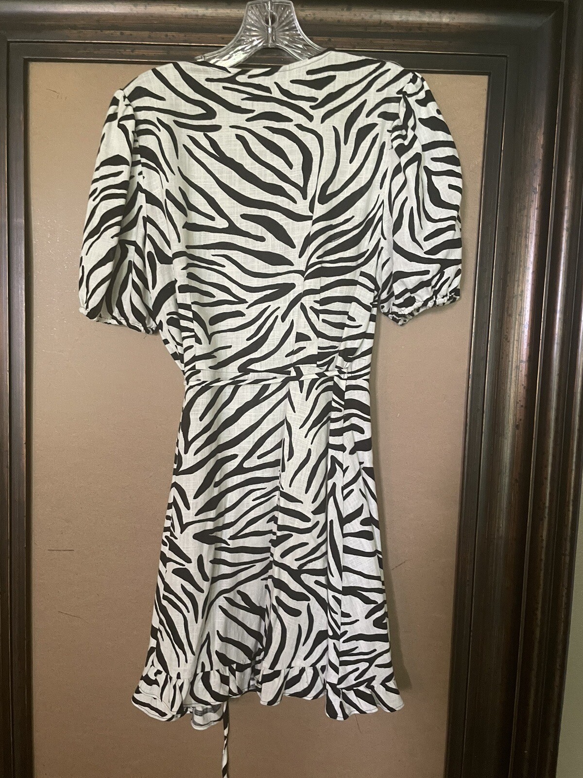 ZARA Wrap Dress Animal Zebra Print Black & White Linen Blend Ruffle Trim Size S image 4