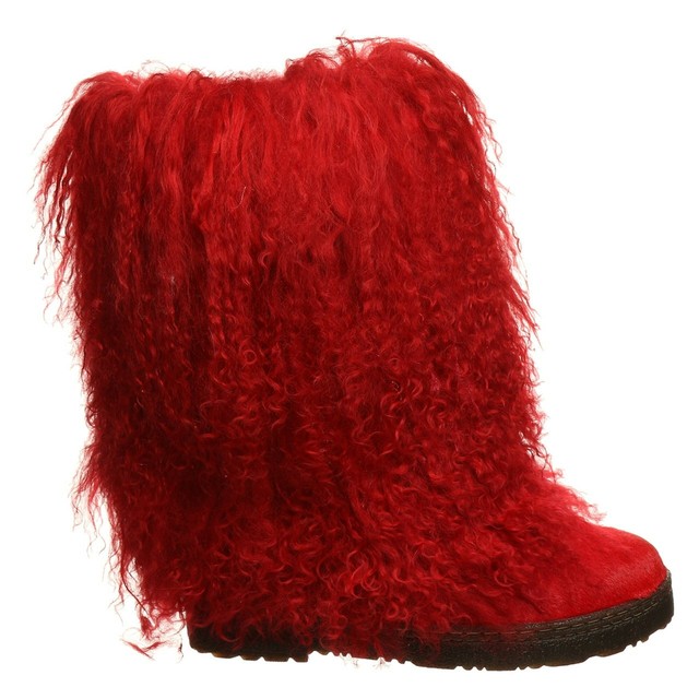 red fluffy boots