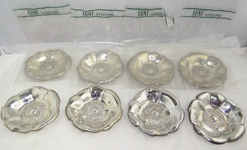 8 Lunt 37 Sterling Silver POPPY FLOWER 2⅝" Butter Pat or Nut Dish 4 NIP 121g LOT