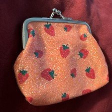 Orange Color W/glitter  Red Strawberries  Green Stems XS Coin Purse