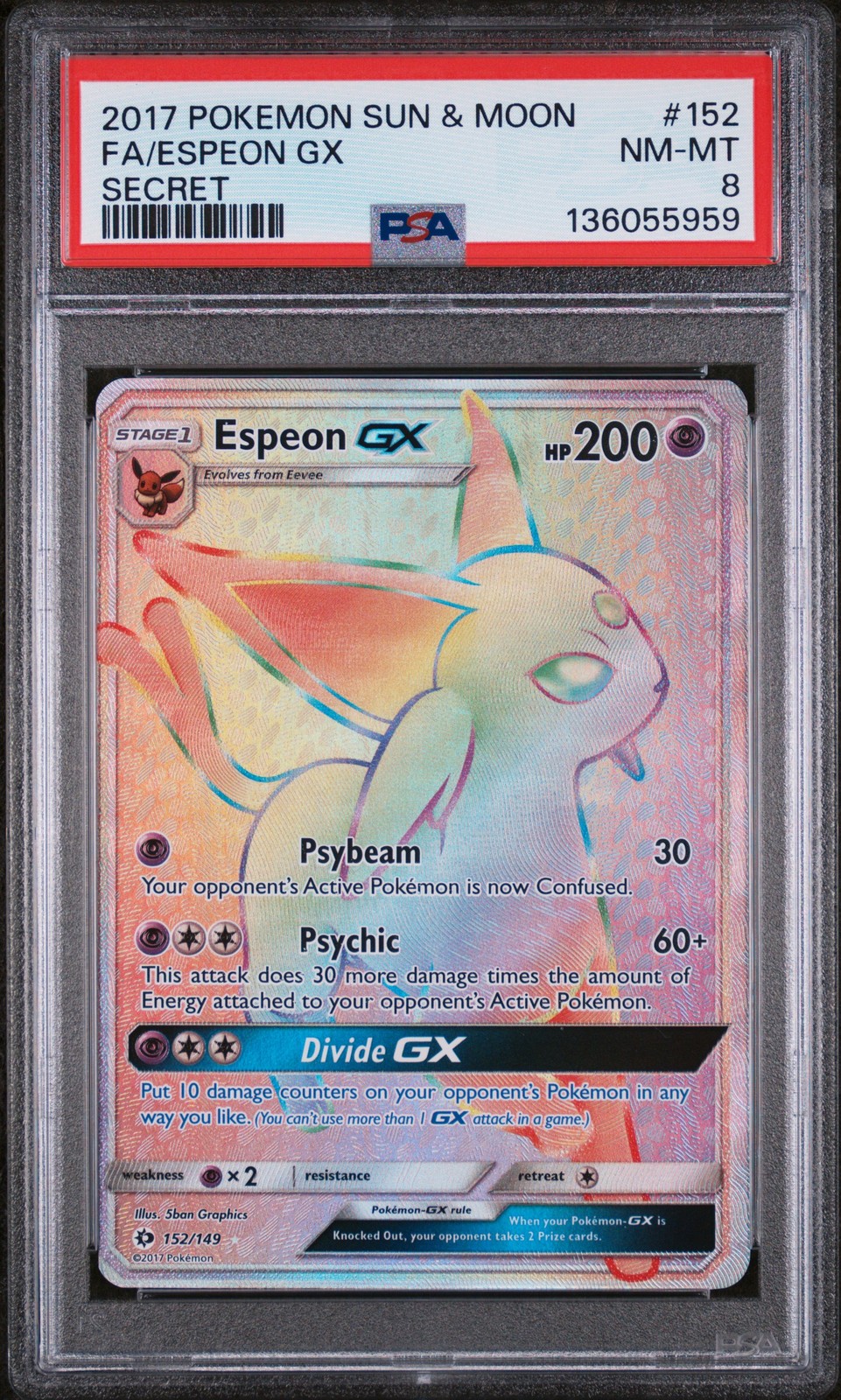 2017 POKEMON SUN & MOON SECRET #152 FULL ART/ESPEON GX PSA 8