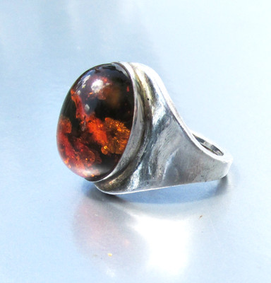 Large Vintage Genuine Oval Cognac AMBER Sterling Silver Open Side Ring Sz. 7