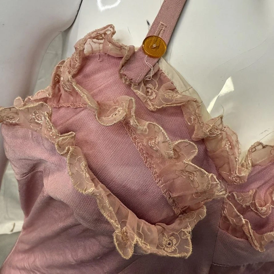 Traje de baño vintage años 50 Marco rosa acanalado de una pieza ribete de encaje talla 6 Foto 4 de 4