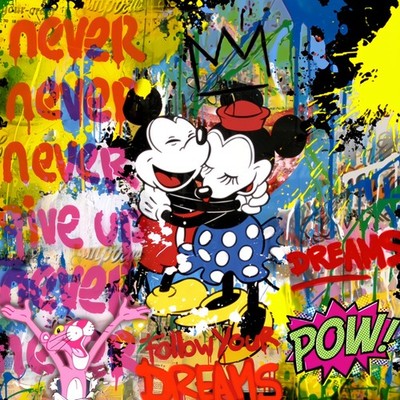 Ausstellungsstück!Motiv Mickey Mouse Never give uo 110x110 PopArt/Leinwandbilder