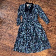 Vtg Dress Karin Stevens Paisley Pleated Equestrian Velvet Sz 20 Green Maxi