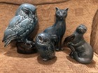 VINTAGE POOLE POTTERY BLUE LARGE OWL, SMALL OWL, SITTING CAT AND OTTER WITH FISH