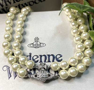Vivienne Westwood GRAZIELLA Orb 2 Row Pearl Necklace Choker Silver