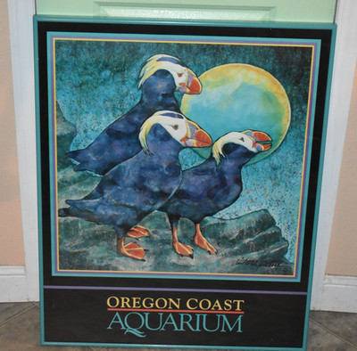 VINTAGE 90'S OREGON COAST AQUARIUM PUFFIN FAMILY SIGNED ART PRINT 24 x 30 FRAMED