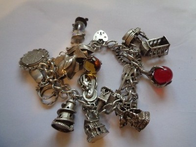 Vintage Silber Bettelarmband 17x Charms Birmingham um 1974 Gewicht 83g gebraucht