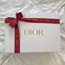 Dior Logo Gift Box White Paper Rectangle with Red Ribbon Gold Accents