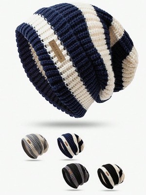 Unisex Striped Knit Beanie Hat   Warm & Lightweight Winter Autumn Cap