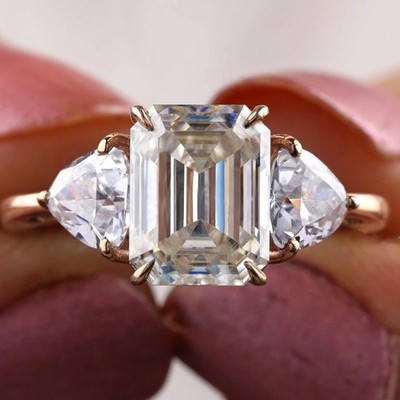 4.25CTW Emerald Cut Moissanite Three Stone Engagement Ring 14k White Gold Plated