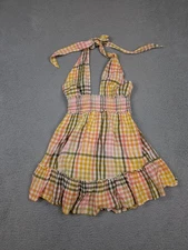 Aerie Dress Womens XS Multicolor Gingham Halter Smocked Ruffle Hem Cotton Lined