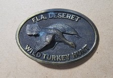 Fla. Deseret Wild Turkey Hunt Belt Buckle Vintage Solid Brass Made in USA 3.25"