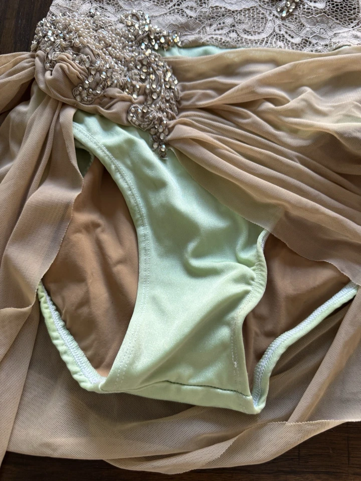 Disfraz de Baile Lírico Desnudo Lentejuelas Verde Claro Diamantes de Imitación Para Mujer Talla Pequeña” Foto 4 de 4