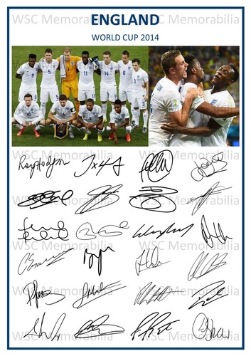12669. England World Cup 2014 Signed Team Picture Sheet (PRINTED AUTOGRAPHS A4)