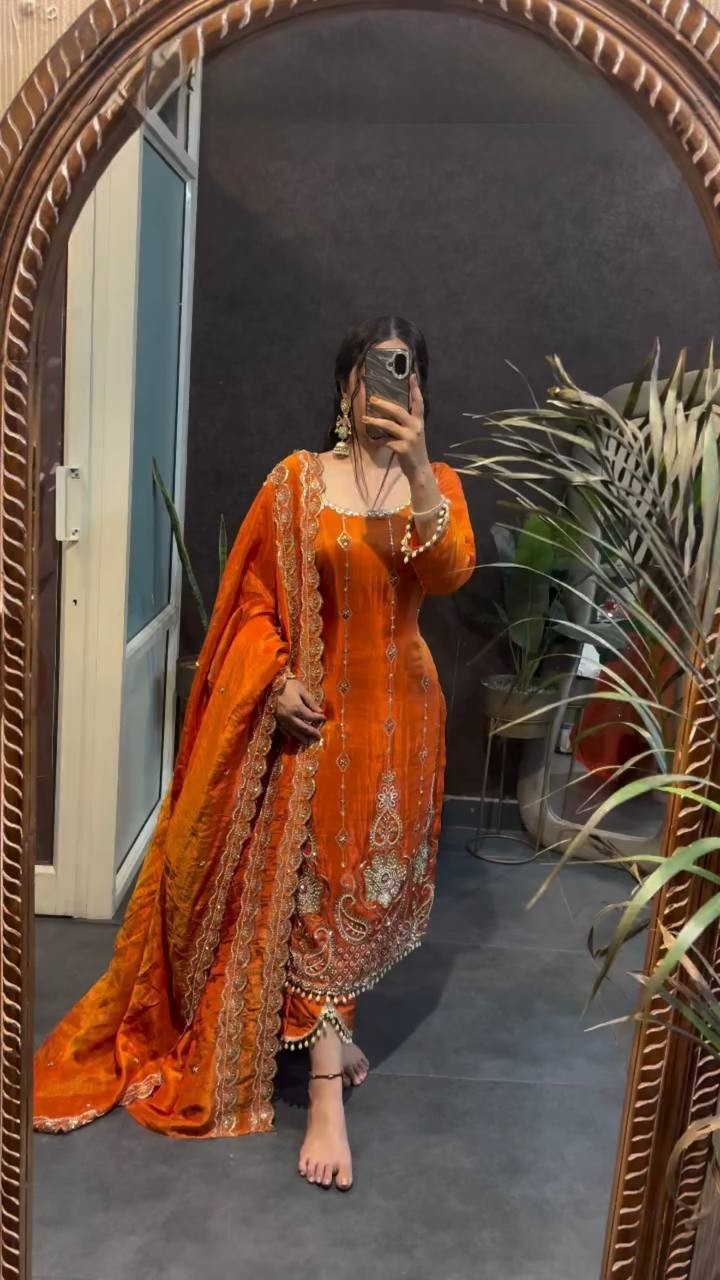 New Stylish Fendy Silk Orange Salwar Kameez With Dupatta For Function Wear
