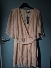 BNWT Boohoo Size 16 Beige Short Sleeve Wrap Style Dress (1024/38/v)