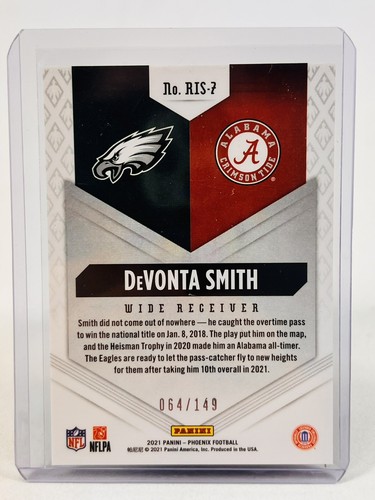 DeVonta Smith RC/Rookie -2021 Panini Phoenix Rookie Rising Teal Prizm #64/149 - Picture 2 of 2