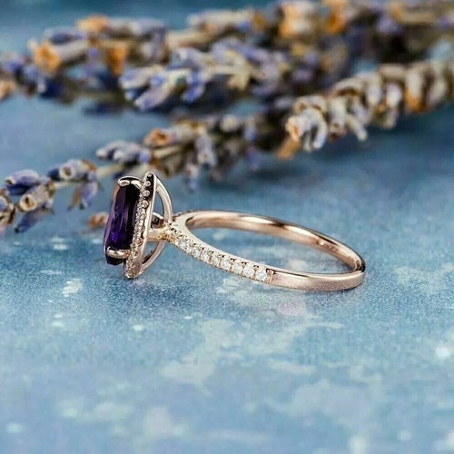 New 3 Ct Pear Cut Lab-Created Amethyst Halo Engagement Ring 14K Rose Gold Plated - Picture 3 of 8