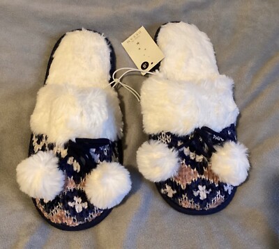 MATALAN -Navy Blue, Pink White Slippers Faux Fur Pompoms Size Medium  BNWT UK