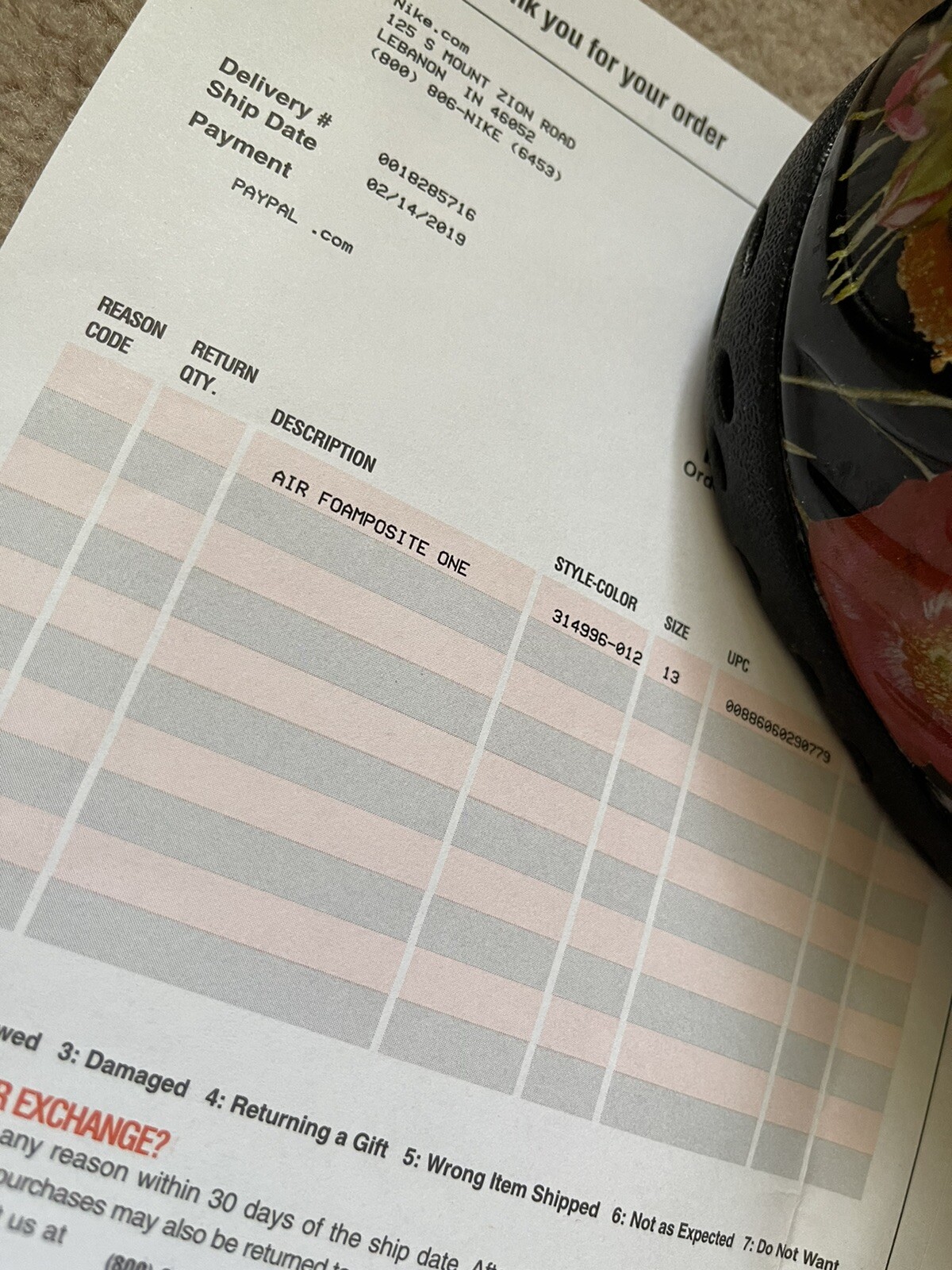 nike return reason codes