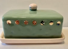 Butter Dish With Lid Glass Green Gold Pink