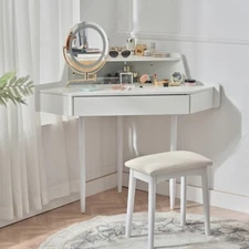 Modern Corner Makeup Vanity Desk, Makeup Table w Tri-Folding Rotatable Mirror