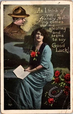 Postcard Army Military Soldier woman dreaming of him romantic antique postcard