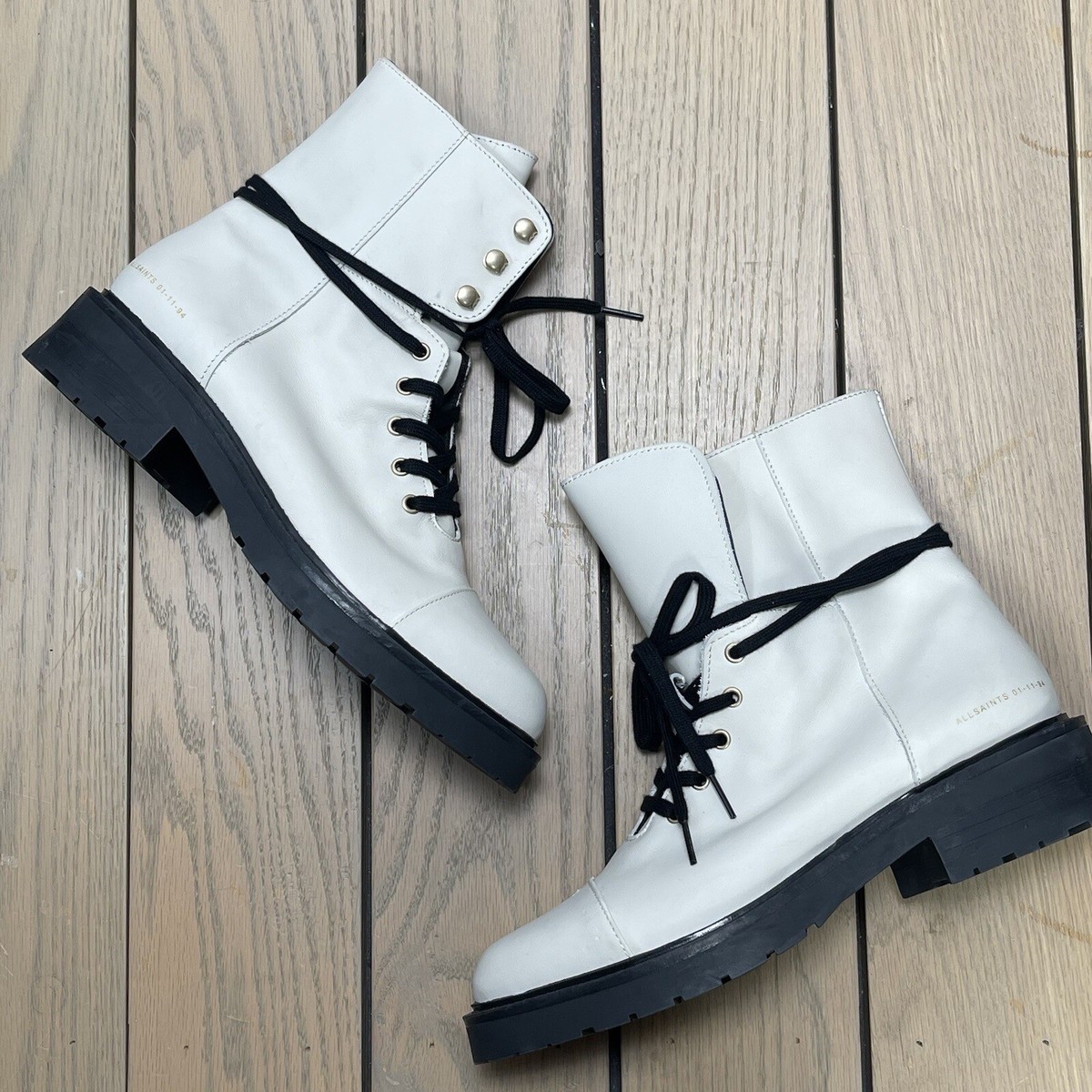 All Saints Dusty Cap Toe White Leather Lace Up Combat Boots Size