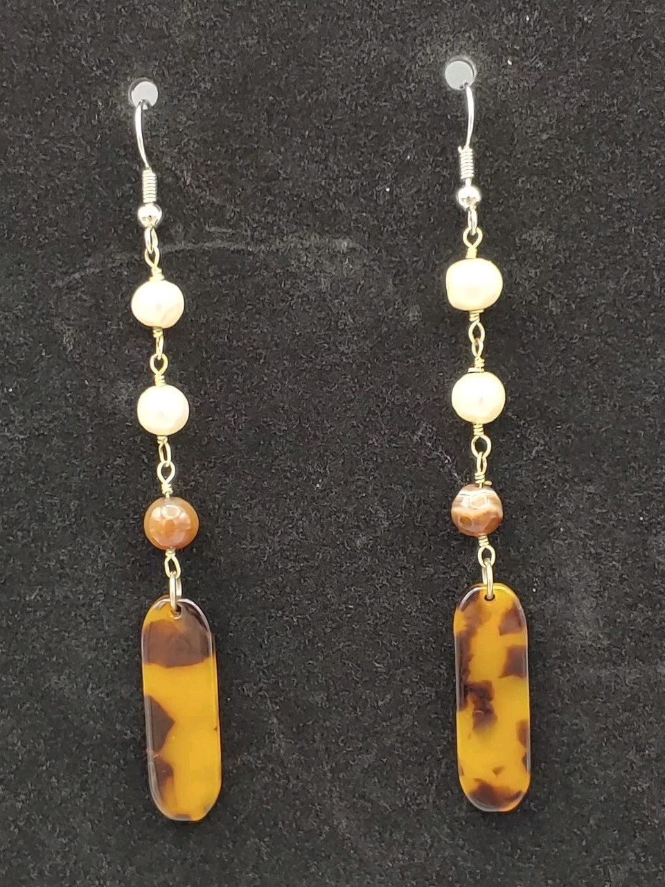 VTG Tortoise Shell Dangle Earrings Rectangular Fa… - image 1