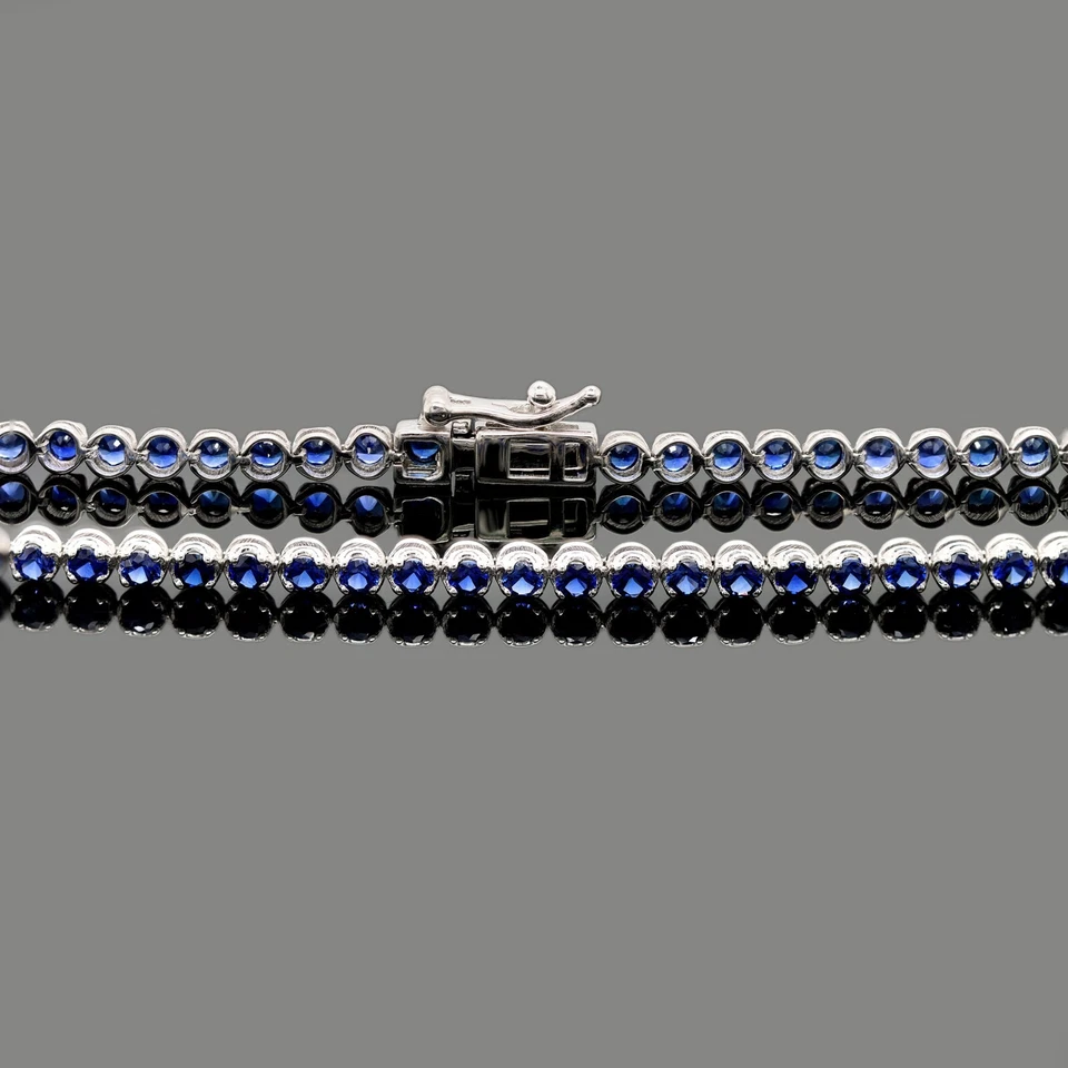3 Ct Round Cut Natural Blue Sapphire Tennis Bracelet 7" 10K White Gold Over - Image 3 of 4