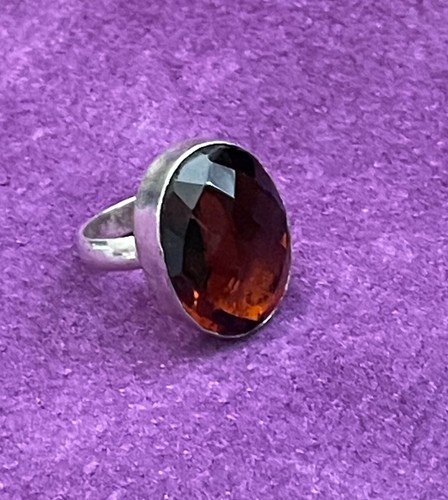 LARGE FACETED COGNAC QUARTZ STONE RING-NEW-925 SILVER-SIZE 6 - Picture 1 of 4