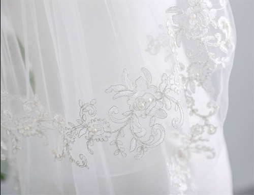 Women White Bride Wedding sequin Pearl 2 layer Wedding Hair head Veil WITH COMB - Picture 3 of 4