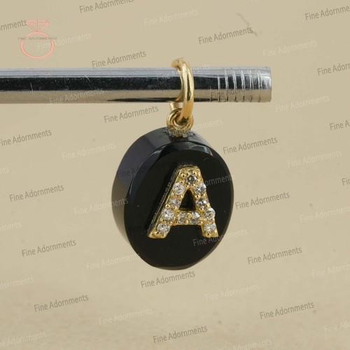 Black Onyx Solid 14k Yellow Gold A Initial Charm Pendant Pave Diamond Jewelry - Picture 4 of 7