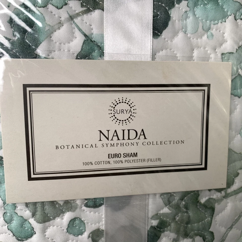 Naida Pillow Sham от Surya Euro стеганая белая бирюзовая растительная NDA2000-ES - Изображение 3 из 4