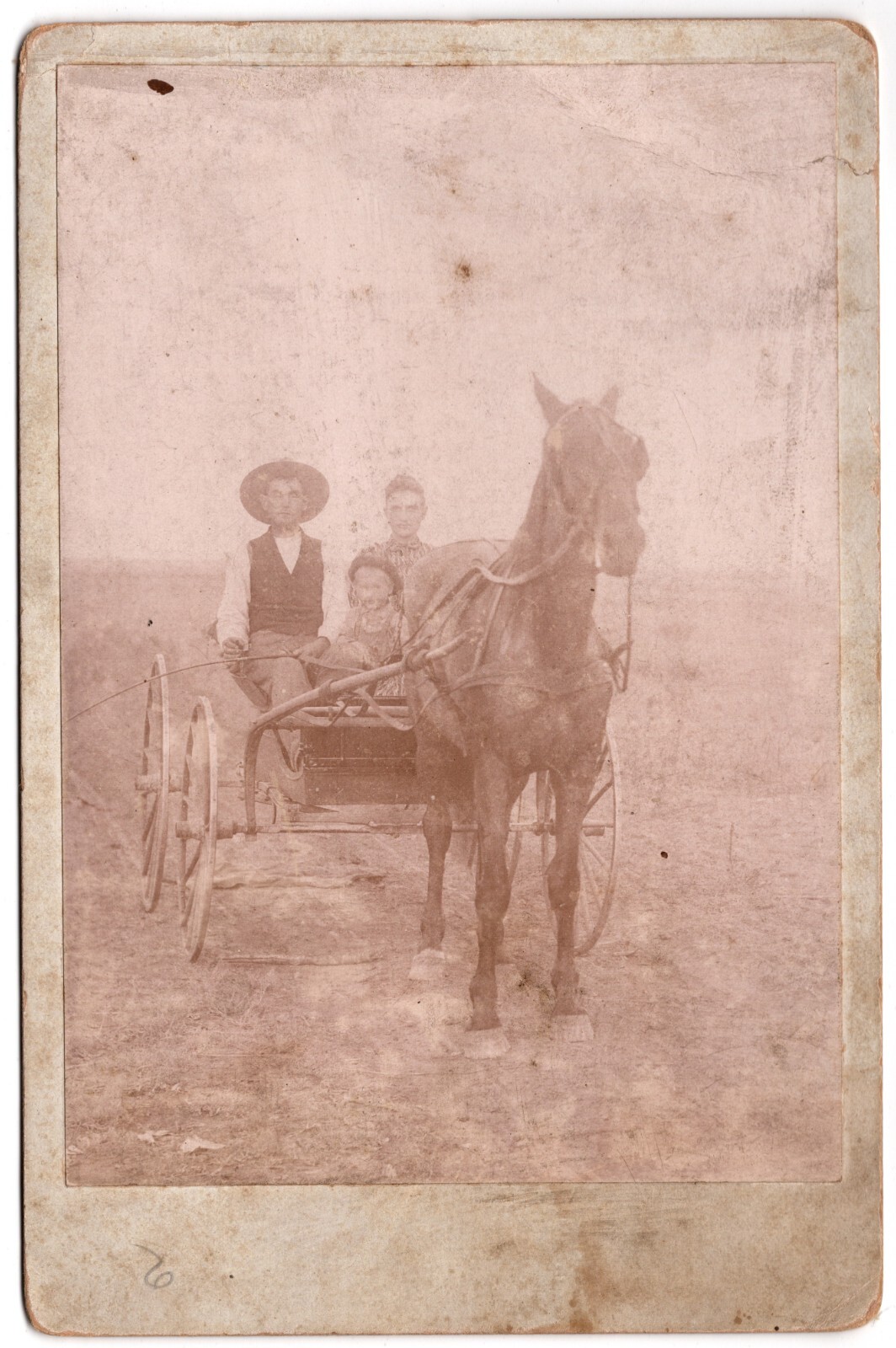 CIRCA 1870s CABINET CARD FAMILY ON HORSE-DRAWN WOOD WAGON WILD WEST ERA